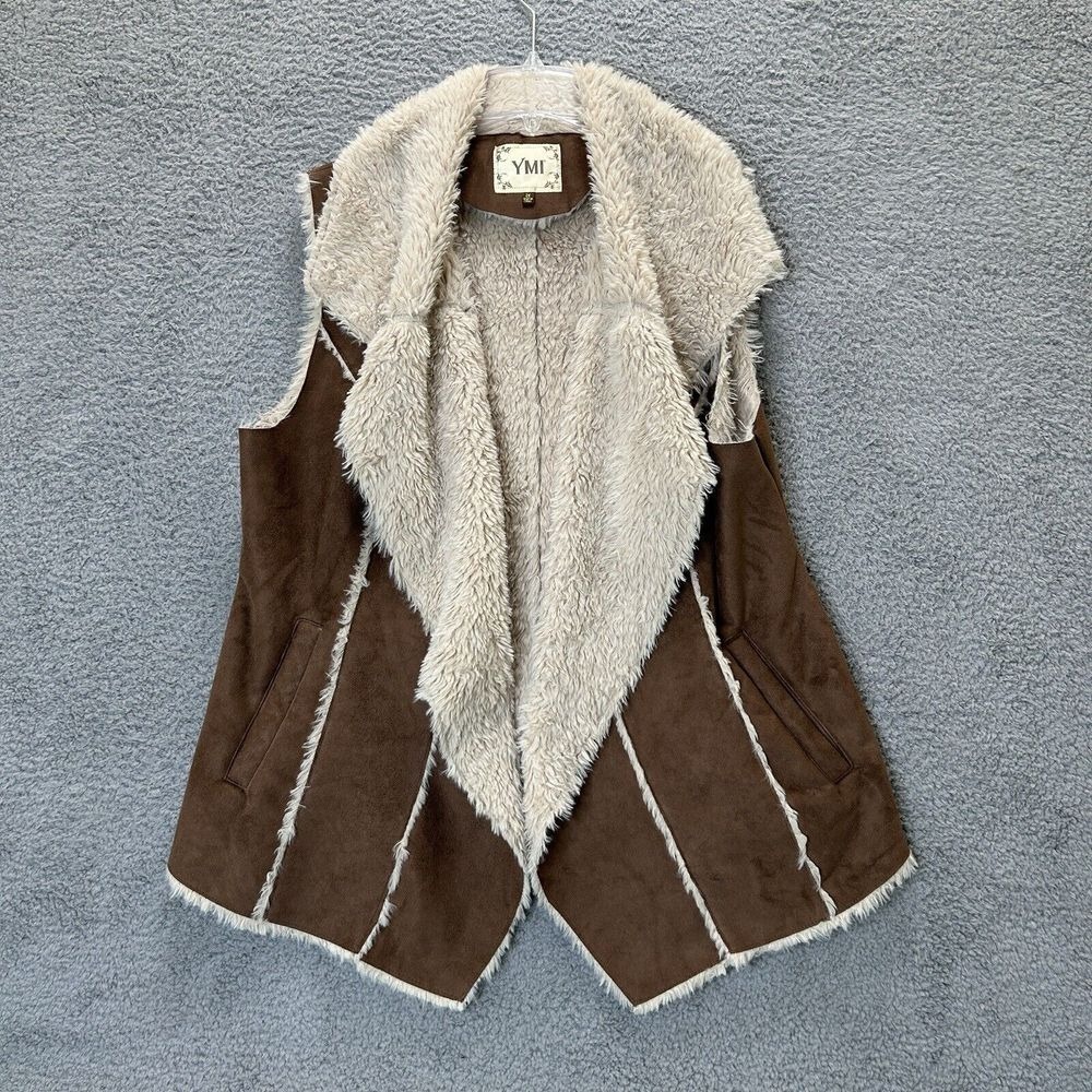 YMI Sweater Vest‎ Womens 2X Brown & Tan Faux Suede Fur Lined Open Front Pockets
